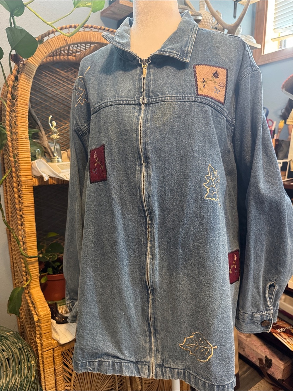 90’s VTG FALL 🍁Denim Jacket Embroidered Flowers Leaves SZ 4X Zip up grandma core